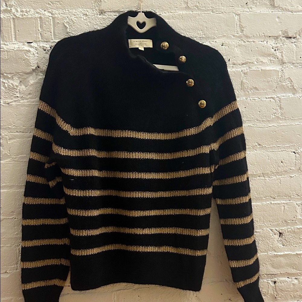 Sezane Black and Tan Striped Turtleneck Sweater